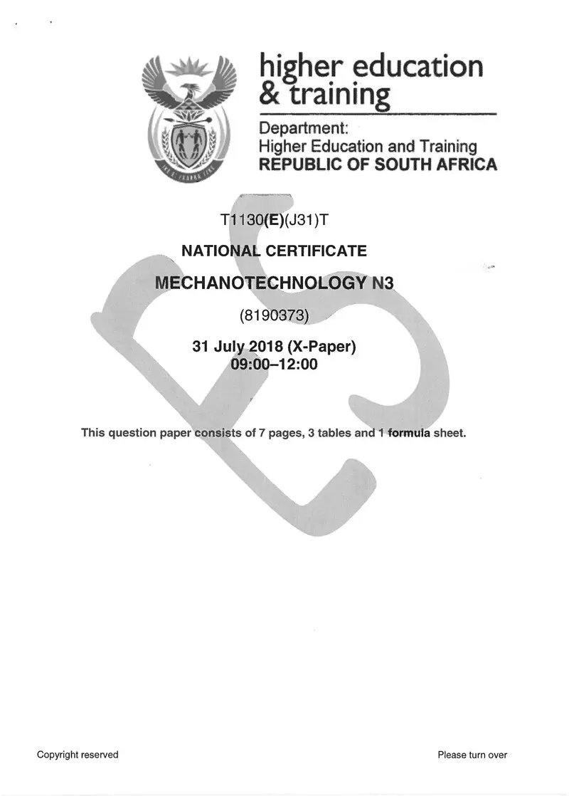 Mechanotechnology N3 Exam Paper 2 2018