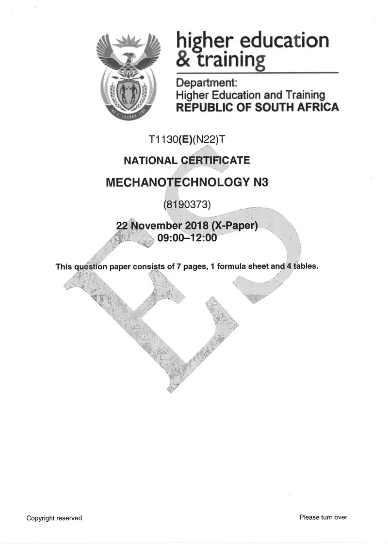Mechanotechnology N3 Exam Paper 3 2018