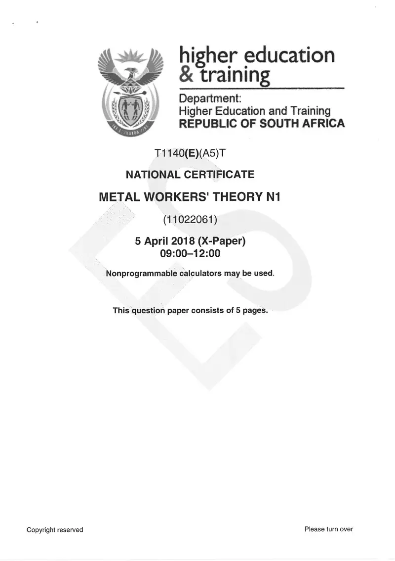 Metal Workers Theory N1 Exam Paper 1 2018