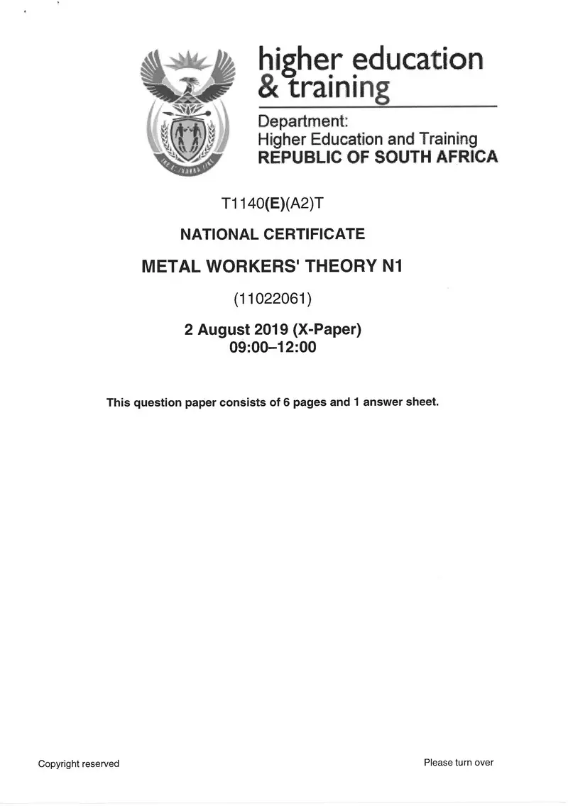 Metal Workers Theory N1 Exam Paper 2 2019