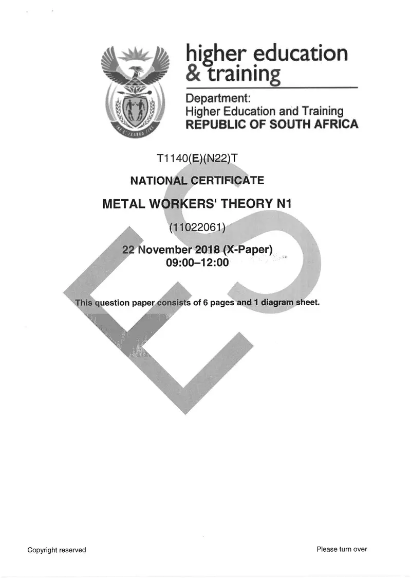 Metal Workers Theory N1 Exam Paper 3 2018