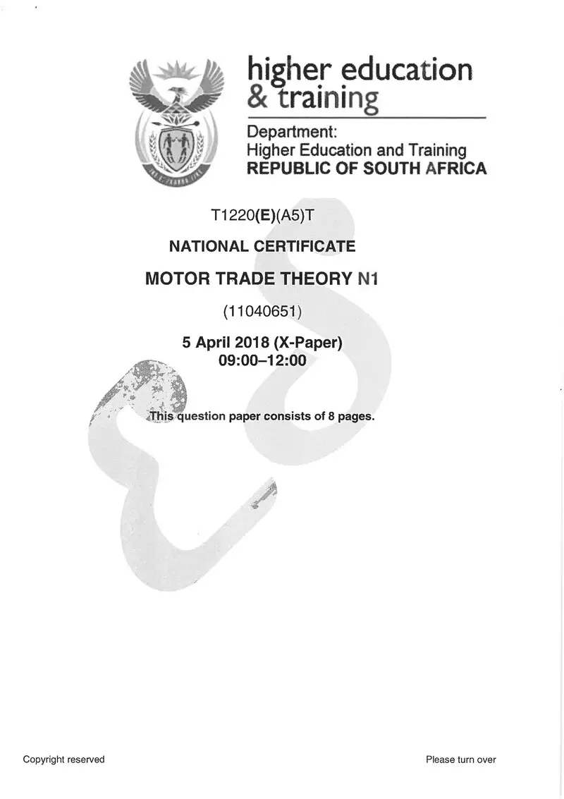Motor Trade Theory N1 Exam Paper 1 2018