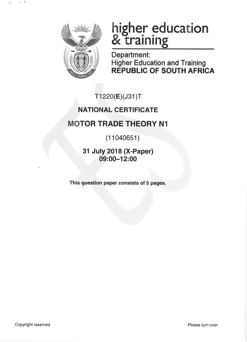 Motor Trade Theory N1 Exam Paper 2 2018