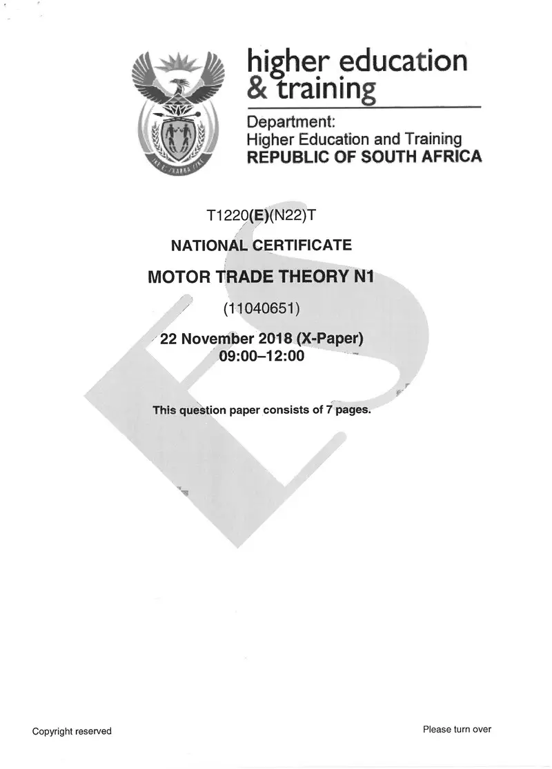 Motor Trade Theory N1 Exam Paper 3 2018