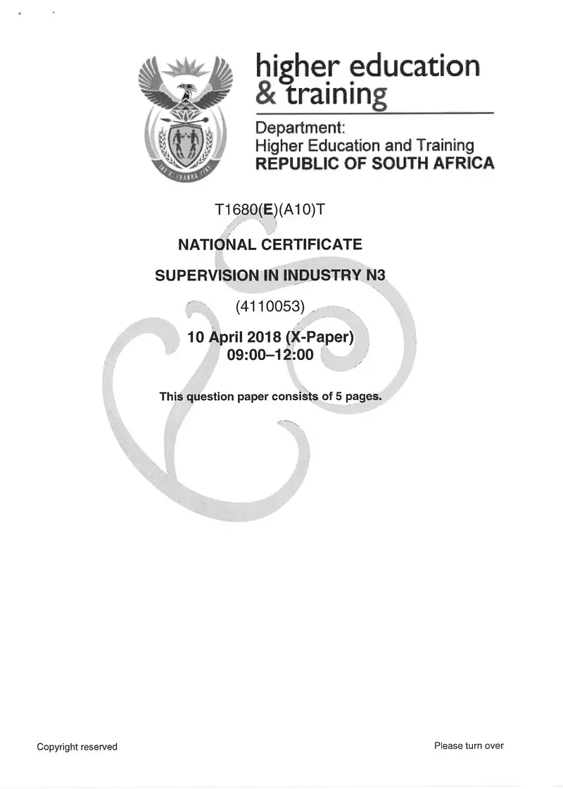 Supervision In Industry N3 Exam Paper 1 2018