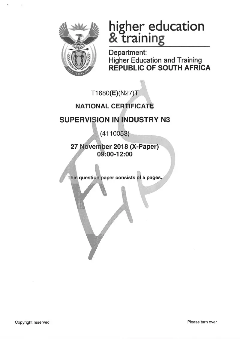 Supervision In Industry N3 Exam Paper 3 2018