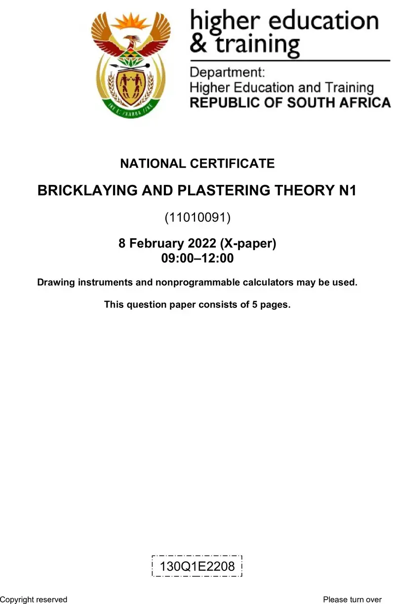 T70 Bricklaying And Plastering Theory N1 QP April 2022