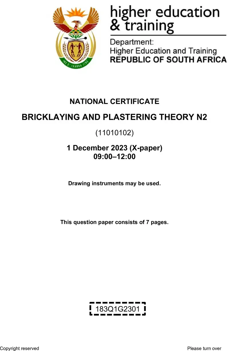 T80 Bricklaying And Plastering Theory N2 QP Nov 2023 Sign Off De Jager T preview