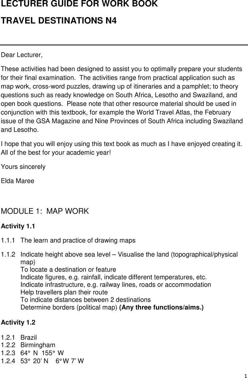 Travel Destinations Lecturer Guide N4