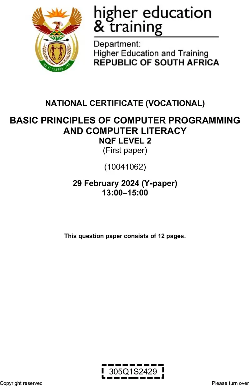 Nc000 Basic Principles Of Computer Programming And Computer Literacy L2 P1 QP Supp 2024