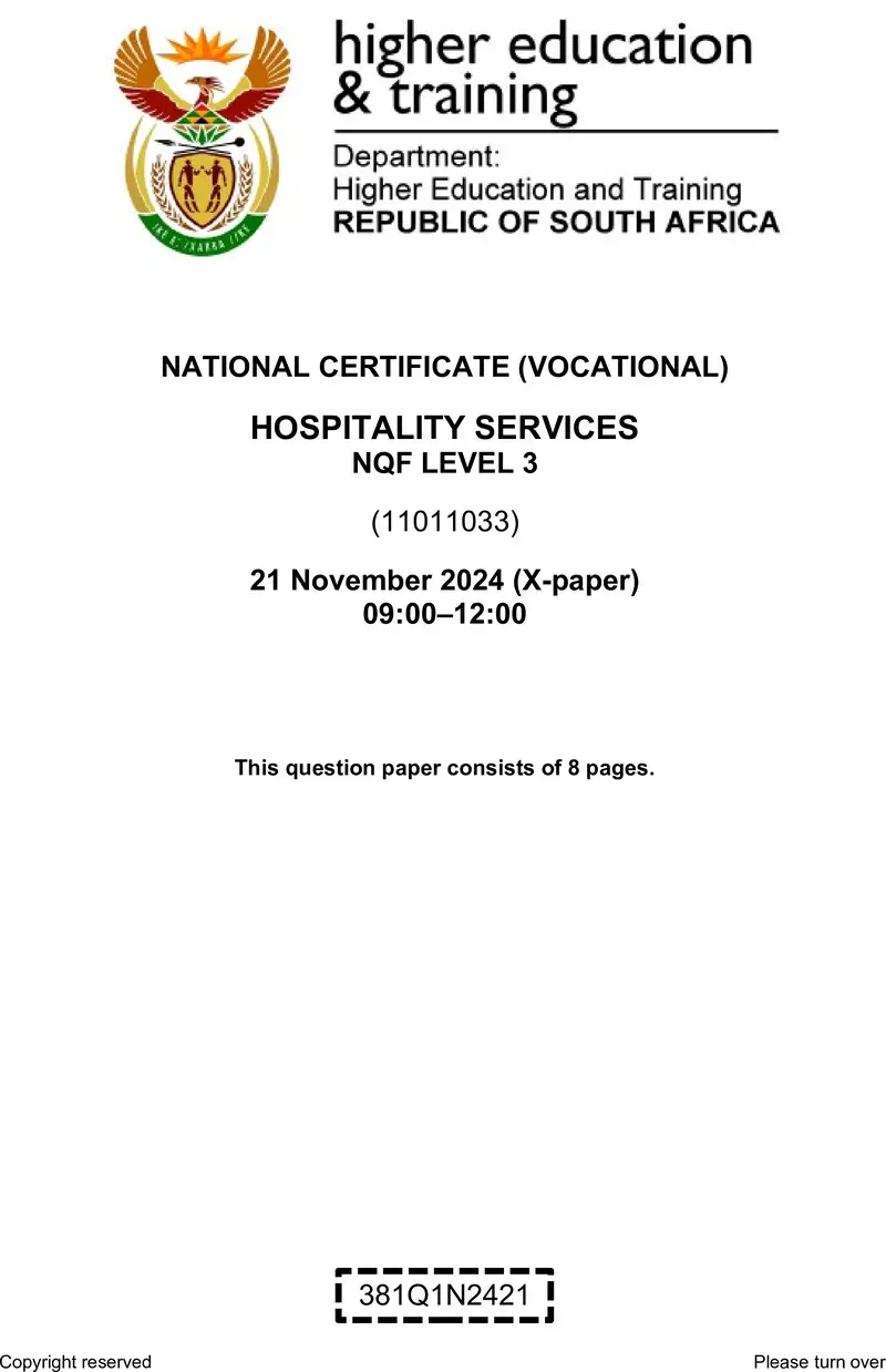 Hospitality Services L3 QP Nov 2024 preview