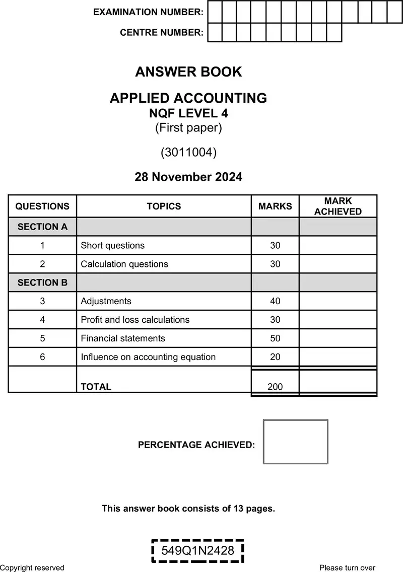 Nc190 A Applied Accounting L4 P1 Answer Book Nov 2024