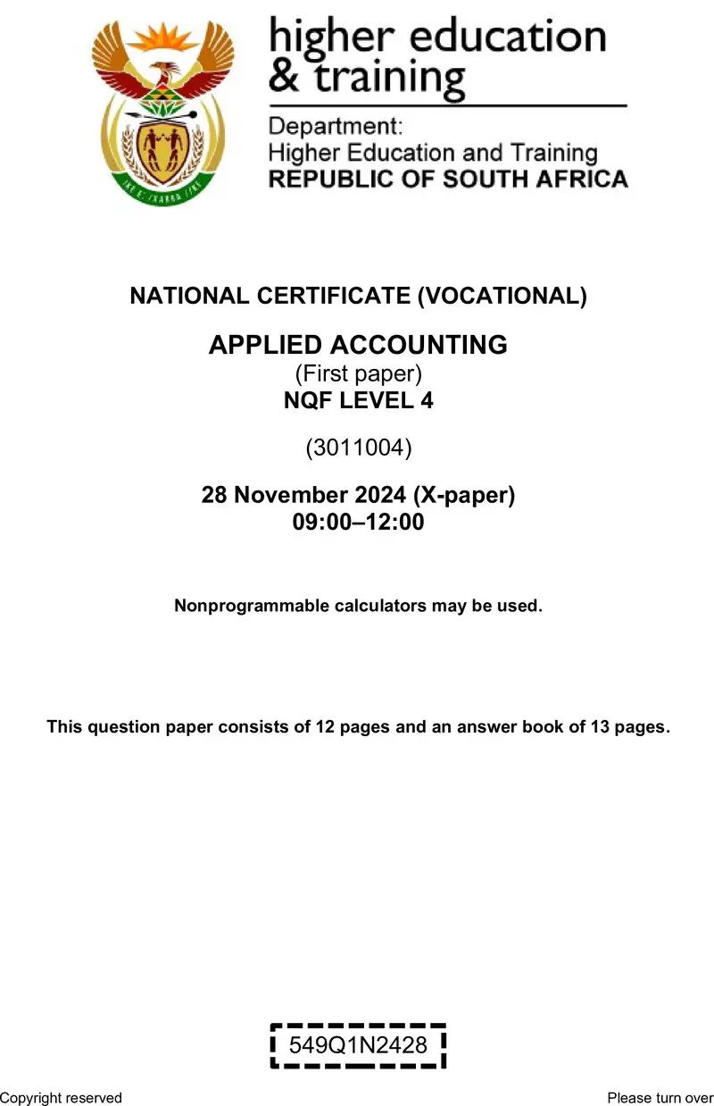 Nc190 Applied Accounting L4 P1 QP Nov 2024