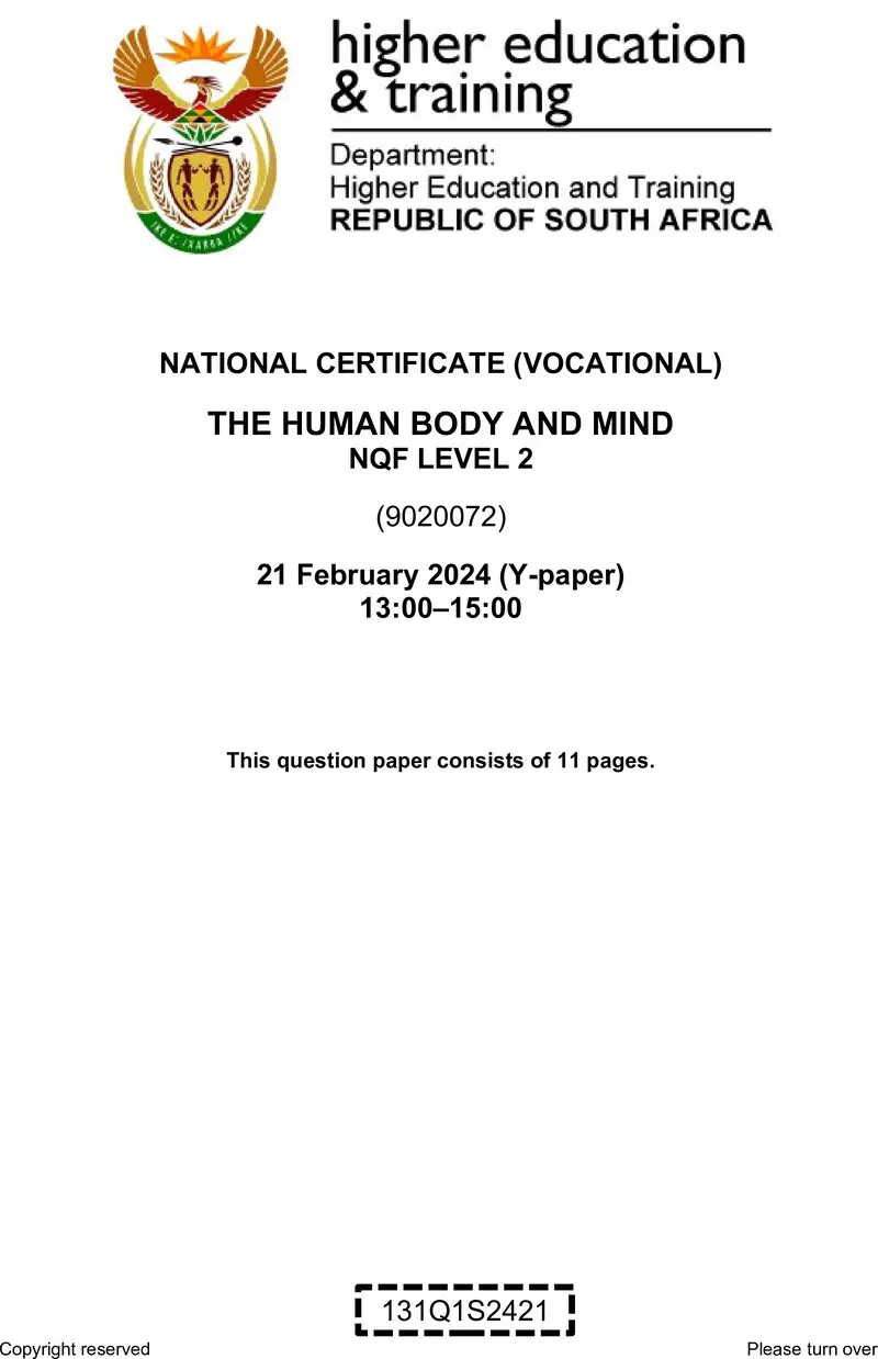 Nc2820 The Human Body And Mind L2 QP Supp 2024 Van Zyl S