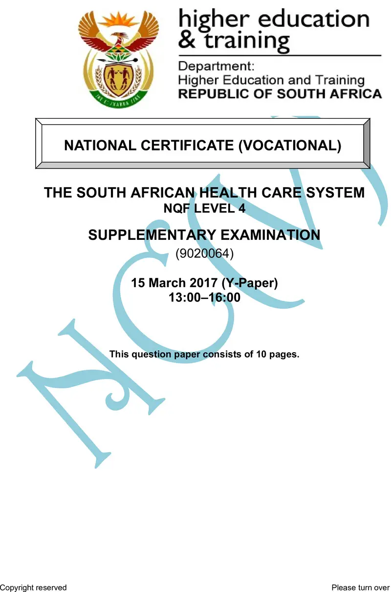Nc2840 The South African Health Care Systems L4 QP Supp 2017