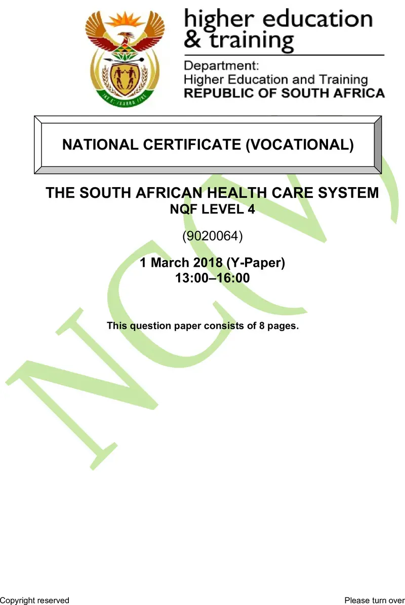 Nc2840 The South African Health Care Systems L4 Supp QP 2018