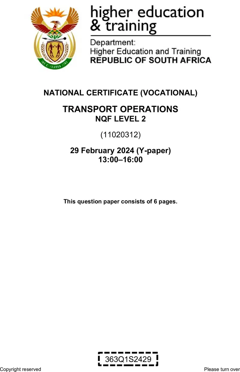 Transport Operations L2 Supp QP 2024 preview