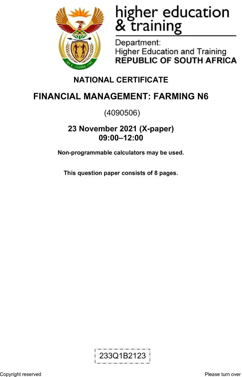 Financial Management Farming N6 QP Nov 2021 Van Zyl S