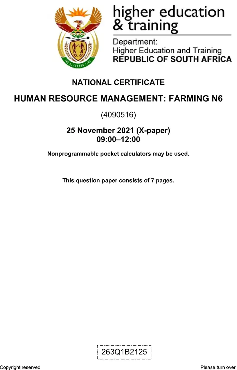 Human Resource Management Farming N6 QP Nov 2021