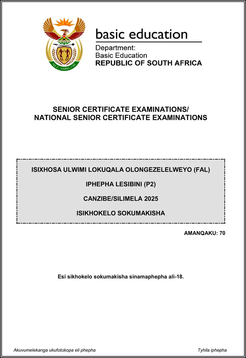 Grade 12 isiXhosa past paper 2025 – isixhosa fal p2 may june 2025 mg gr12