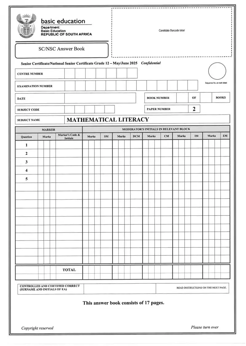 Mathematical Literacy P2 May June 2025 Answer Book Eng Gr12