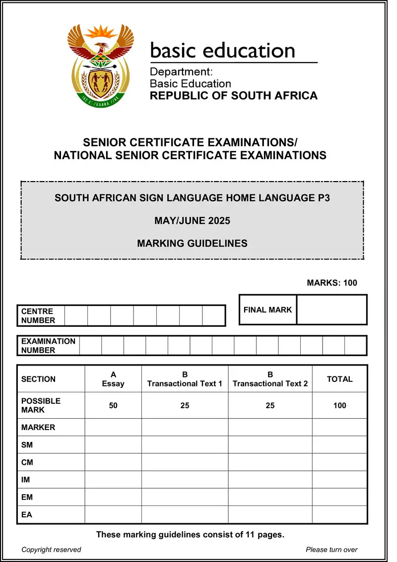 Grade 12 South African Sign Language past paper 2025 – sasl hl p3 may june 2025 mg gr12