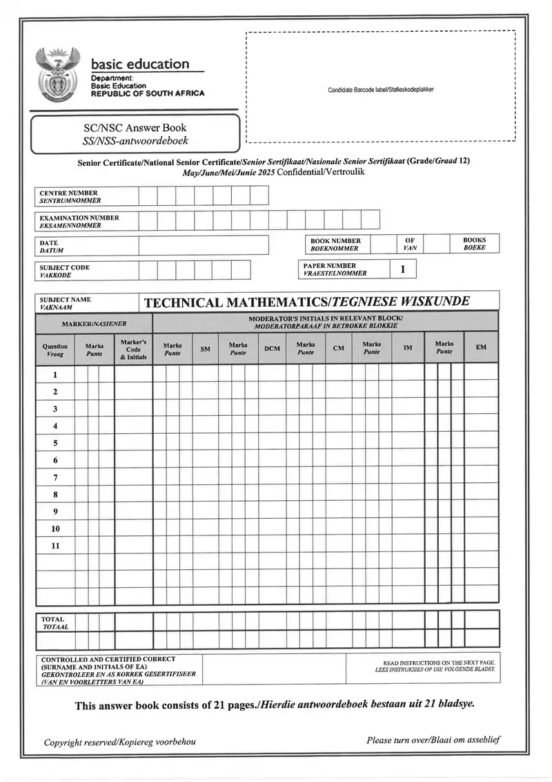 Technical Mathematics P1 May June 2025 Answer Book Afr Eng Gr12