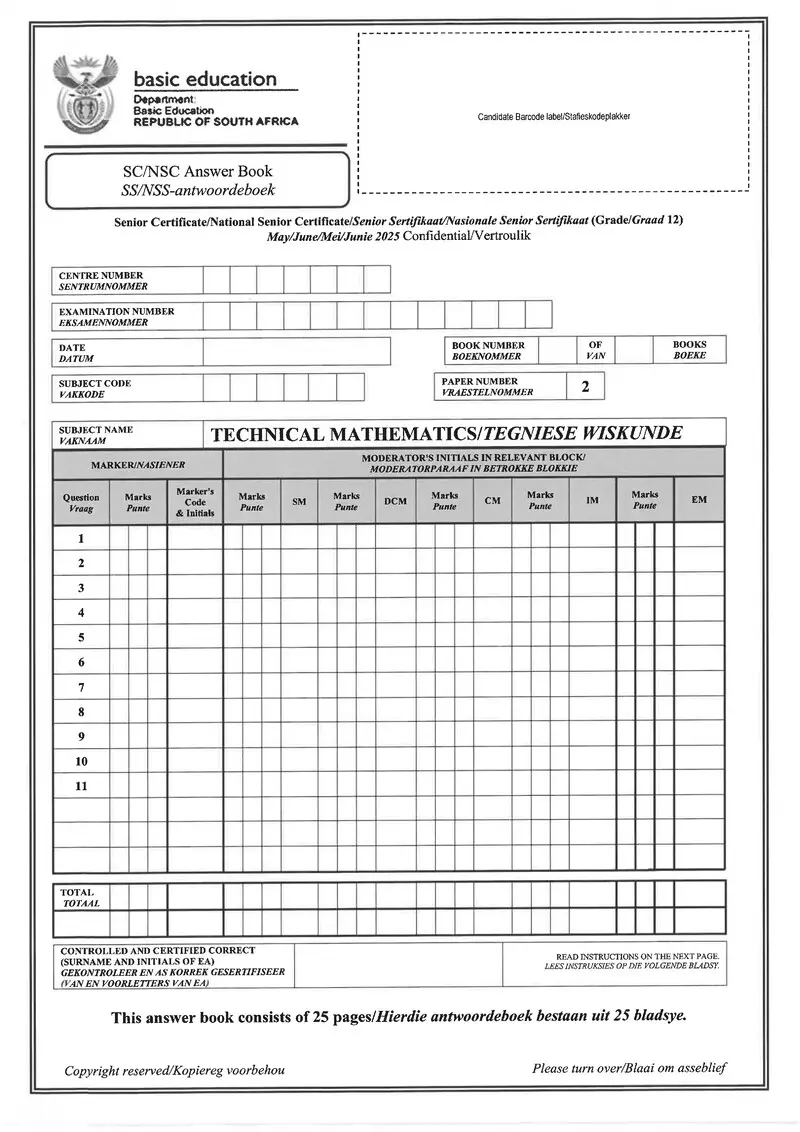 Technical Mathematics P2 May June 2025 Answer Book Afr Eng Gr12