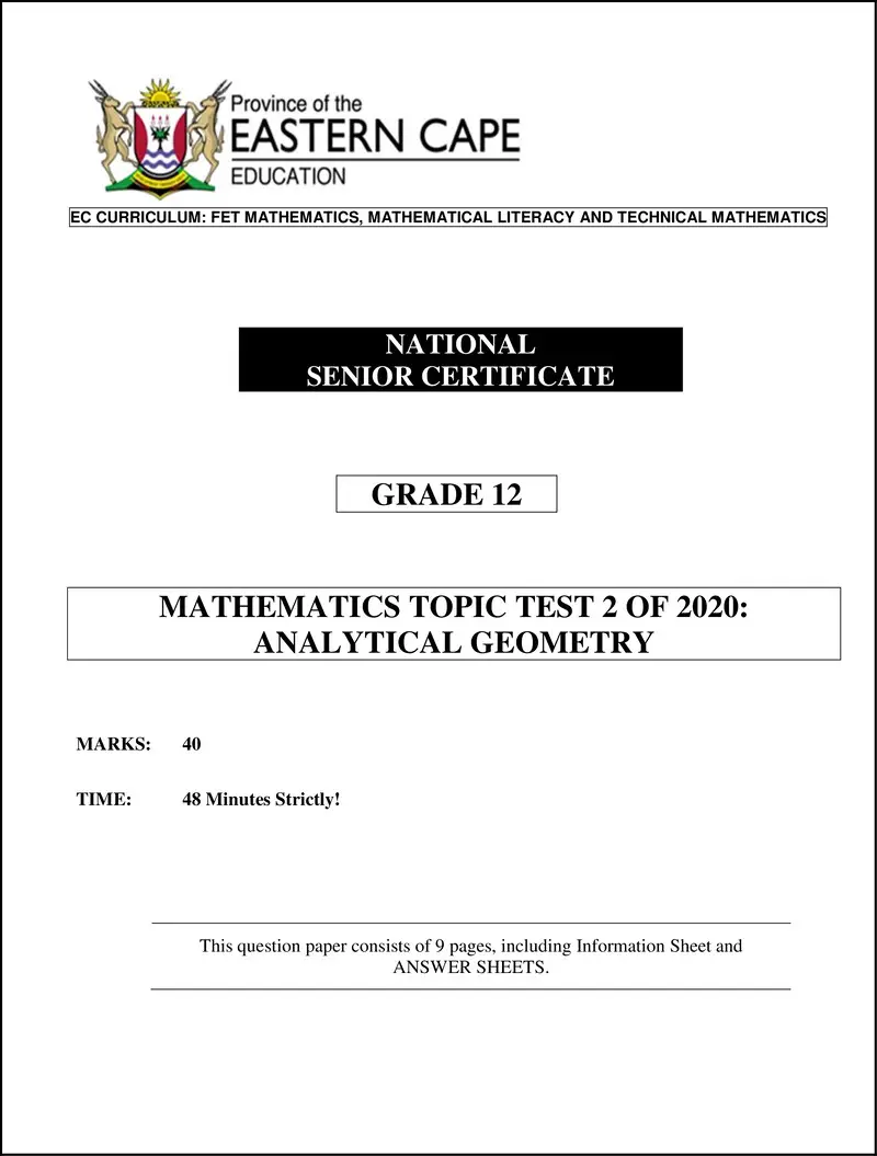 02 Grade 12 Math Topic Test 2 Of 2020 Analytical Geometry