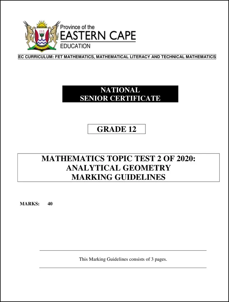 02 Grade 12 Math Topic Test 2 Of 2020 Mg Analytical Geometry