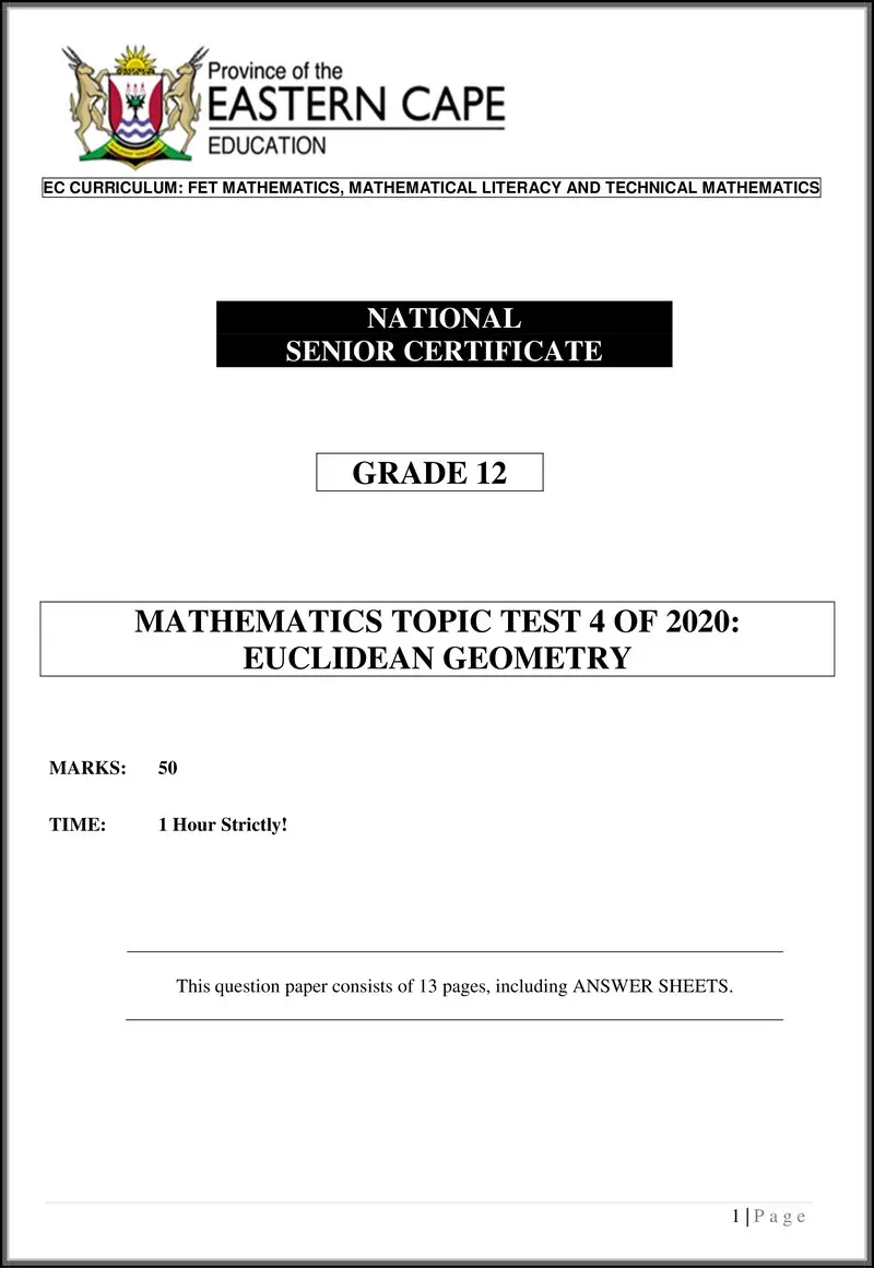 Grade 12 Technical Mathematics past paper 2020 – 02 gr 12 math topic test 4 of 2020 euclidean geometry