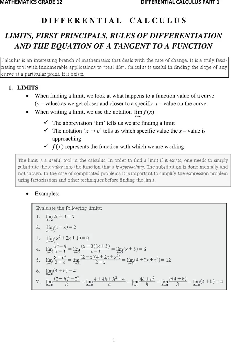 Grade 12 Mathematics Differential Calculus