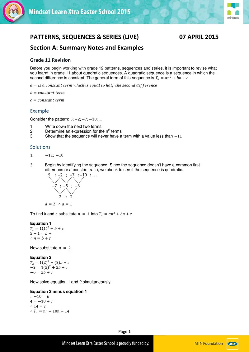Mathematics Patterns Sequences Series Grade 12