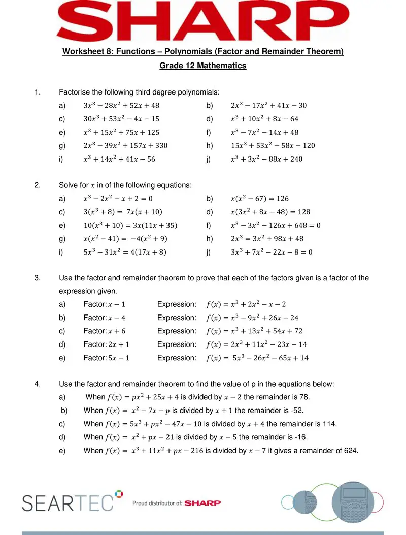 Polynomials Factor And Remainder Theorem Grade 12 Maths