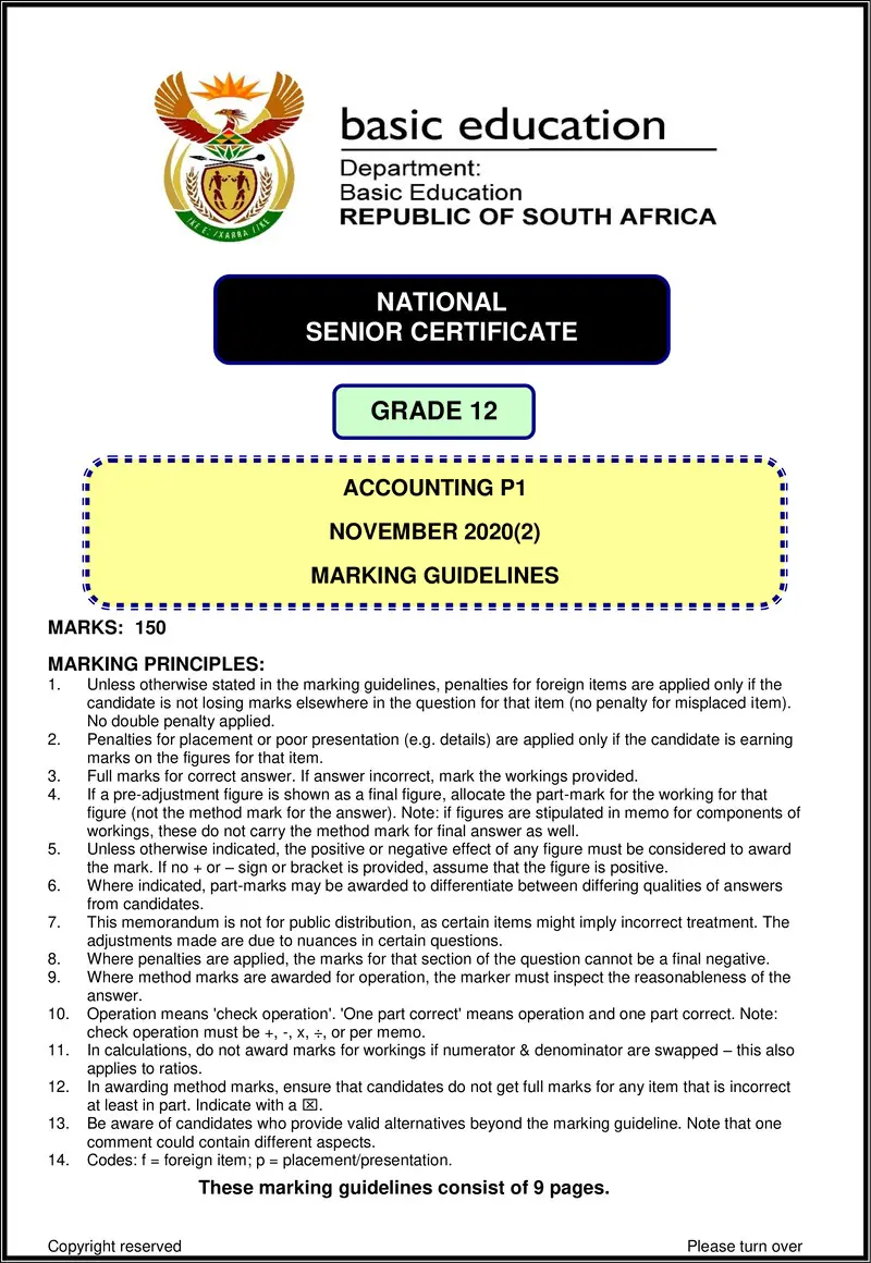 Accounting P1 Nov 2020 Memo Eng 2 Gr12