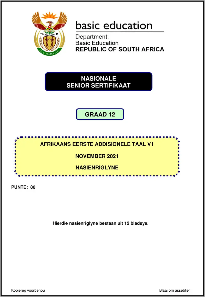 Grade 12 Afrikaans past paper 2021 – afrikaans fal p1 nov 2021 mg gr12