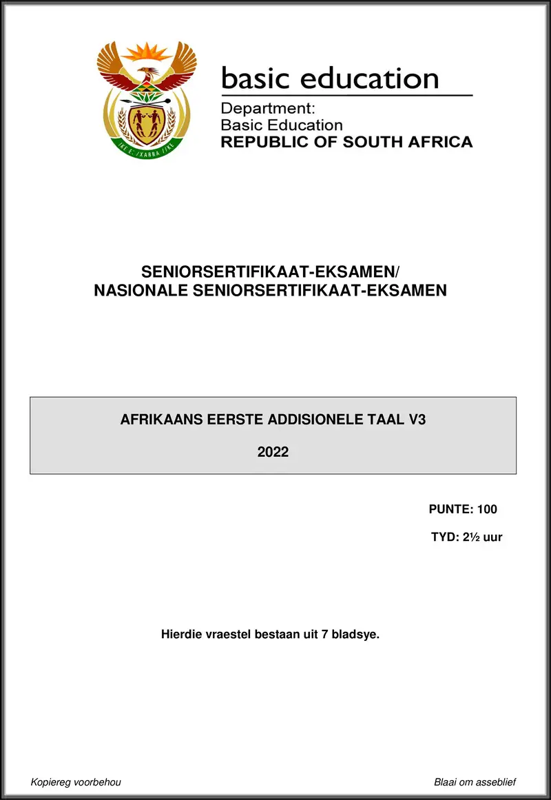 Grade 12 Afrikaans past paper 2022 – afrikaans fal p3 may june 2022 gr12