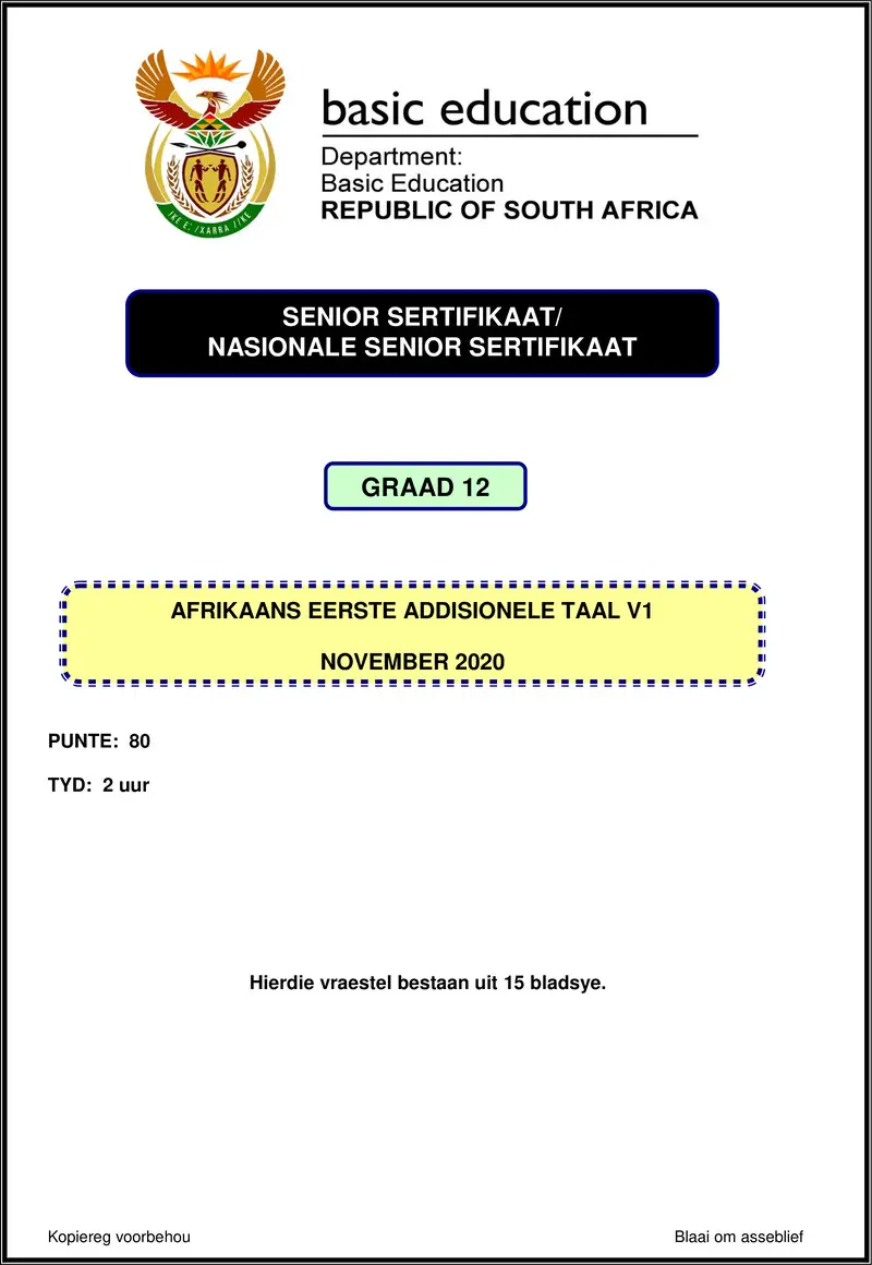 Afrikaans Fal P1 Nov 2020 Gr12