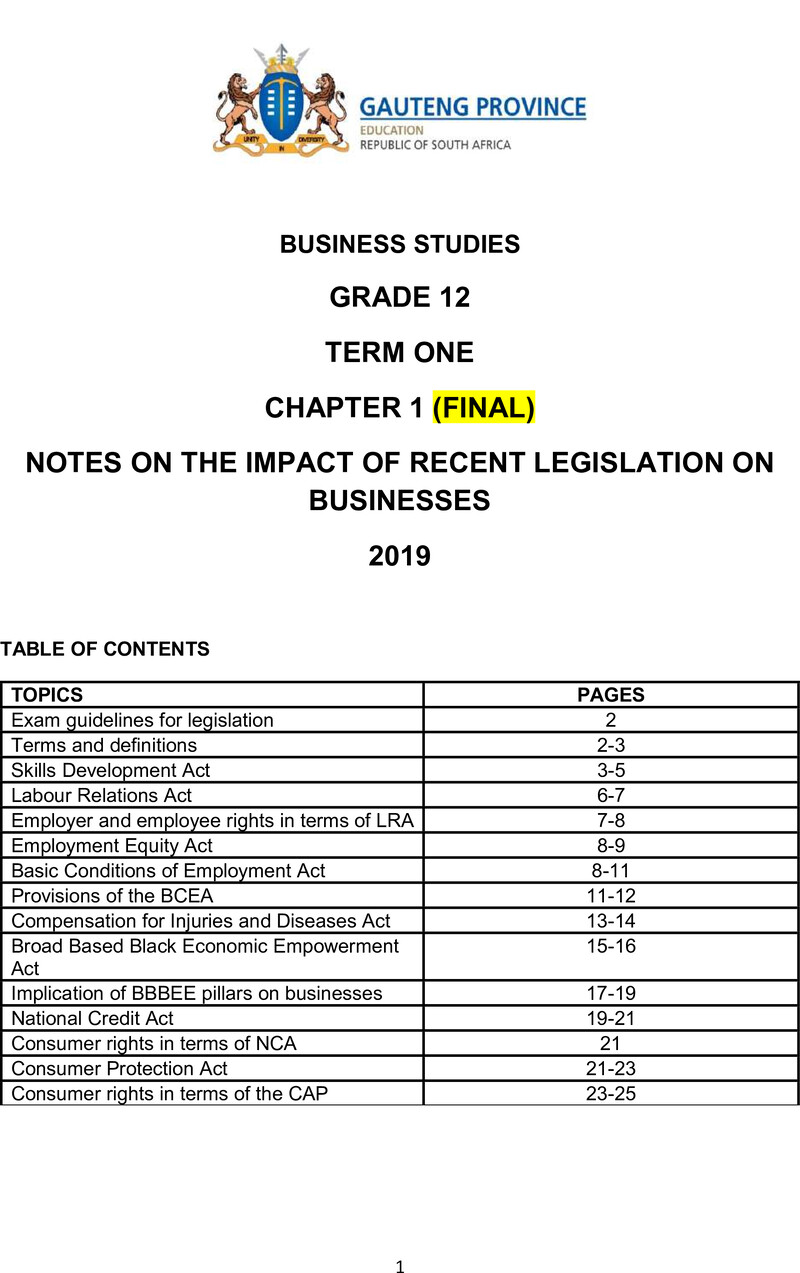 Business Studies Grade 12 Notes On Legislation Final