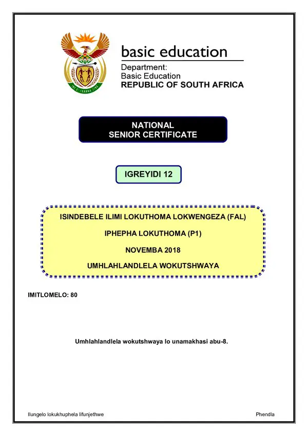 Grade 12 isiNdebele past paper 2018 – IsiNdebele FAL P1 memo gr12