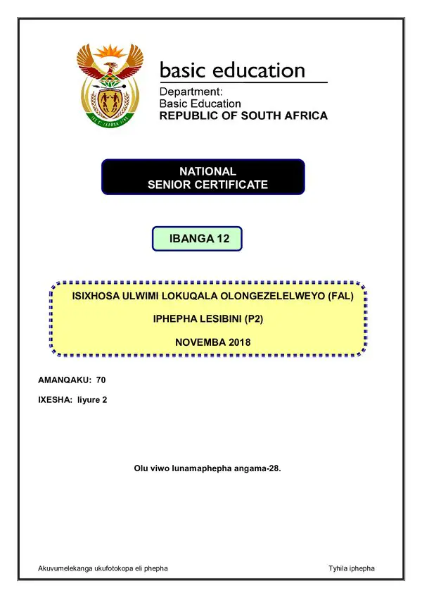 Grade 12 isiXhosa past paper 2018 – IsiXhosa FAL P2 gr12