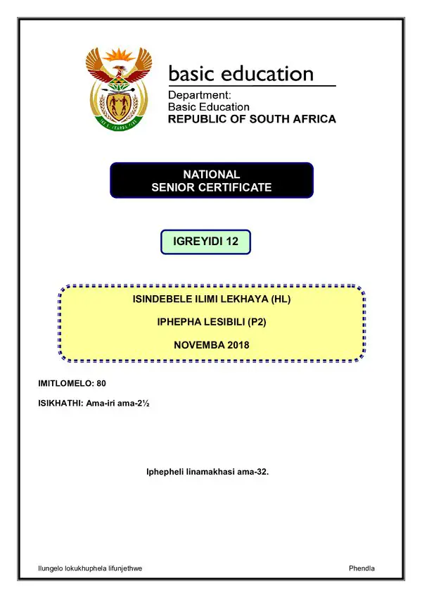 Grade 12 isiNdebele past paper 2018 – IsiNdebele HL P2 gr12