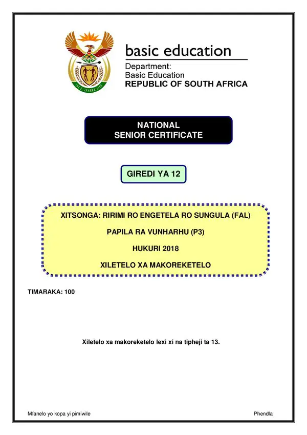 Grade 12 Xitsonga past paper 2018 – Xitsonga FAL P3 memo gr12