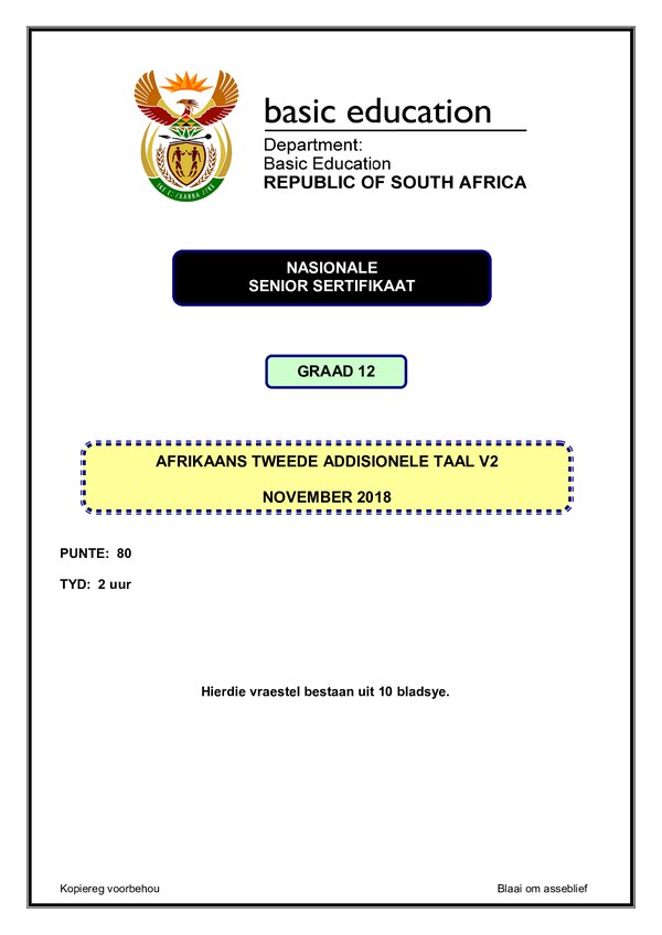 Grade 12 Afrikaans past paper 2018 – Afrikaans SAL P2 gr12