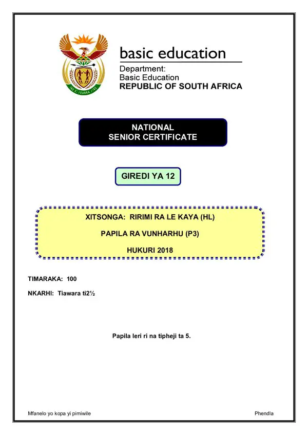 Grade 12 Xitsonga past paper 2018 – Xitsonga HL P3 gr12