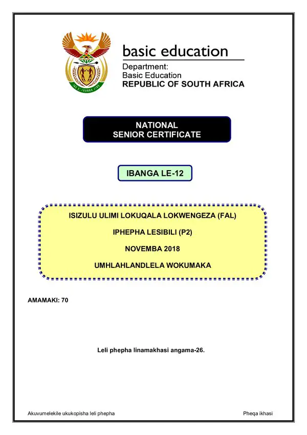 Grade 12 isiZulu past paper 2018 – IsiZulu FAL P2 memo gr12