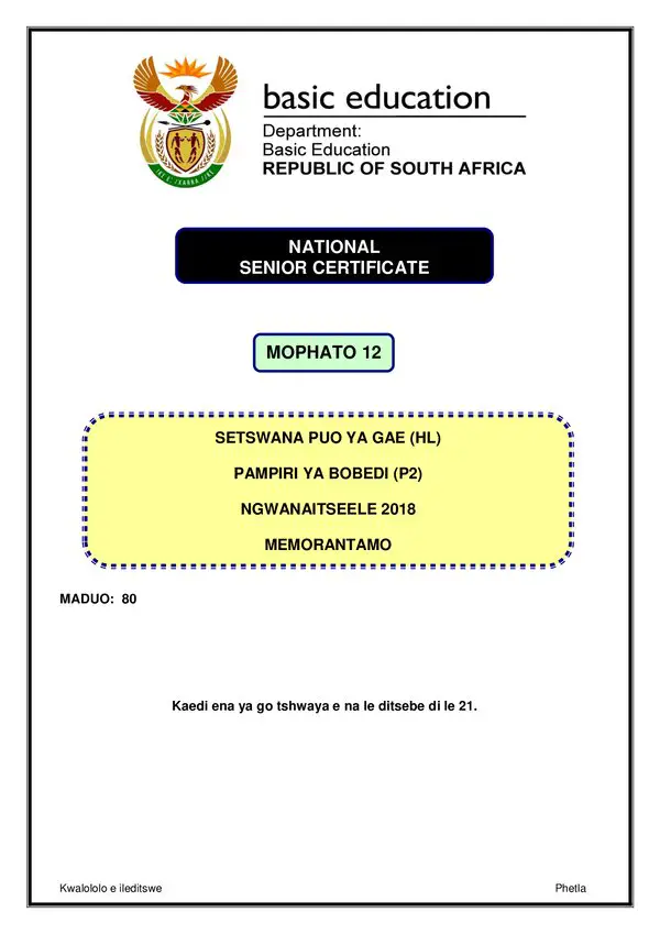 Setswana Hl P2 Memo Gr12