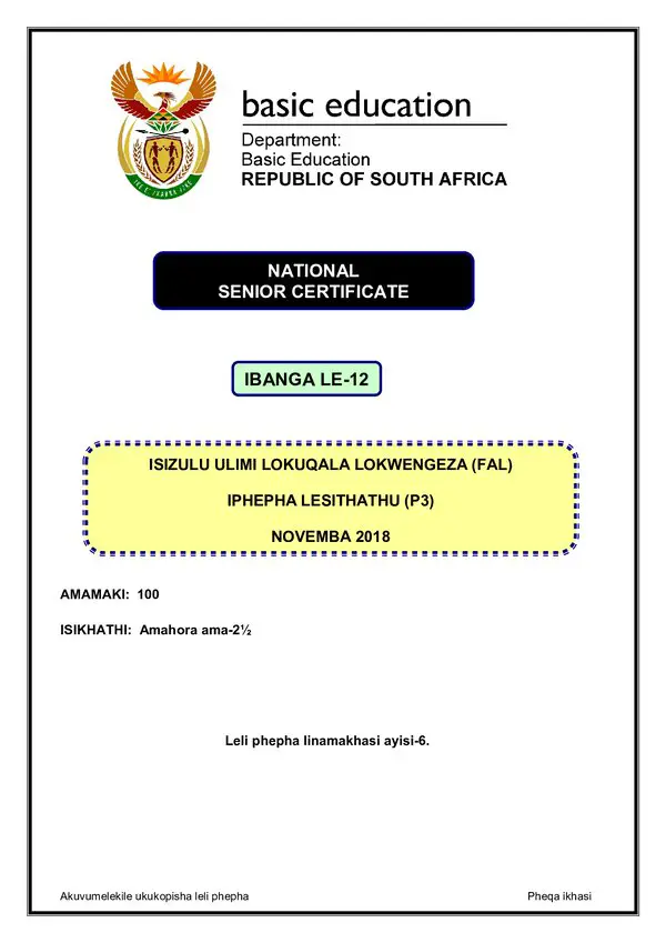 Grade 12 isiZulu past paper 2018 – IsiZulu FAL P3 gr12