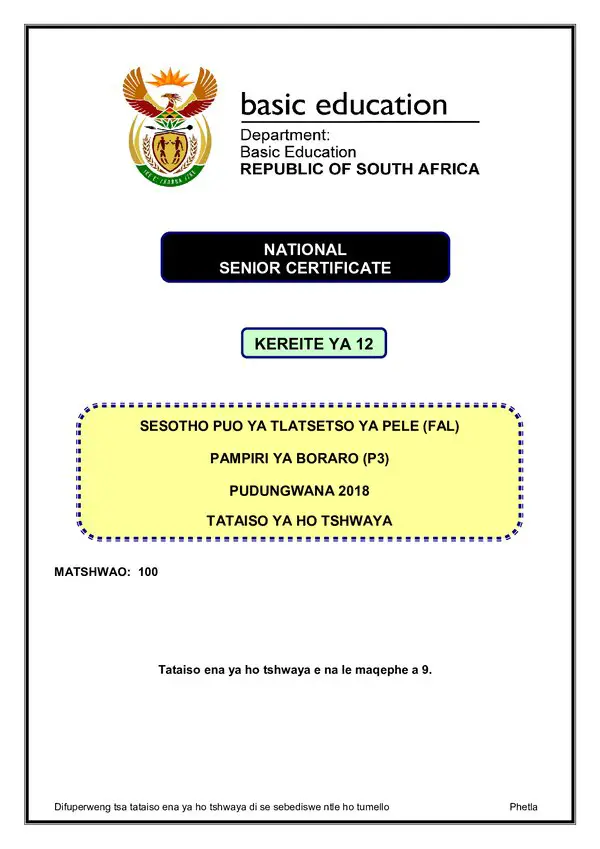 Grade 12 Sesotho past paper 2018 – Sesotho FAL P3 memo gr12