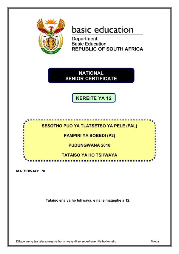 Grade 12 Sesotho past paper 2018 – Sesotho FAL P2 memo gr12